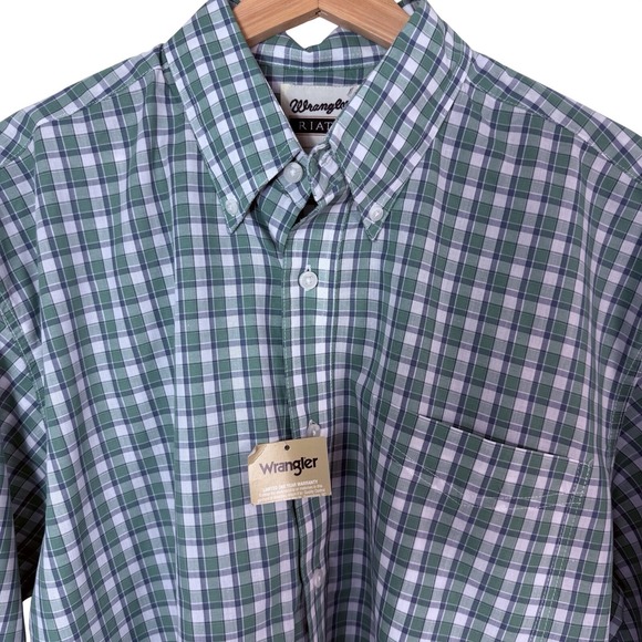New Wrangler Riata Classic Grn Plaid Long Sleeve Button Down Shirt Men's Large - Picture 3 of 7